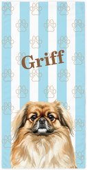 PGS Pekingese Watercolor Dogs with Brown Paw Outlines on Stripes White Sublimatable Dog Beach Towel, Teal/White/Brown, 30 x 60-in