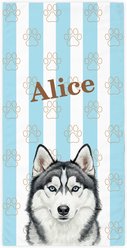 PGS Husky Watercolor Dogs with Brown Paw Outlines on Stripes White Sublimatable Dog Beach Towel, Teal/White/Brown, 30 x 60-in