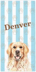 PGS Golden Retriever Watercolor Dogs with Brown Paw Outlines on Stripes White Sublimatable Dog Beach Towel, Teal/White/Brown, 30 x 60-in