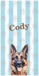 PGS German Shepherd Watercolor Dogs with Brown Paw Outlines on Stripes White Sublimatable Dog Beach Towel, Teal/White/Brown, 30 x 60-in slide 1 of 3