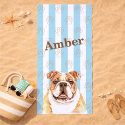 PGS Bulldog Watercolor Dogs with Brown Paw Outlines on Stripes White Sublimatable Dog Beach Towel, Teal/White/Brown, 30 x 60-in slide 2 of 3
