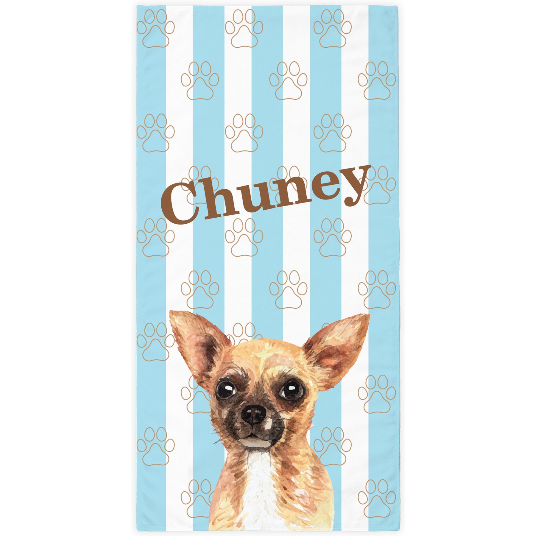 PGS Chihuahua Watercolor Dogs with Brown Paw Outlines on Stripes White Sublimatable Dog Beach Towel, Teal/White/Brown, 30 x 60-in