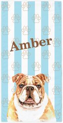 PGS Bulldog Watercolor Dogs with Brown Paw Outlines on Stripes White Sublimatable Dog Beach Towel, Teal/White/Brown, 30 x 60-in