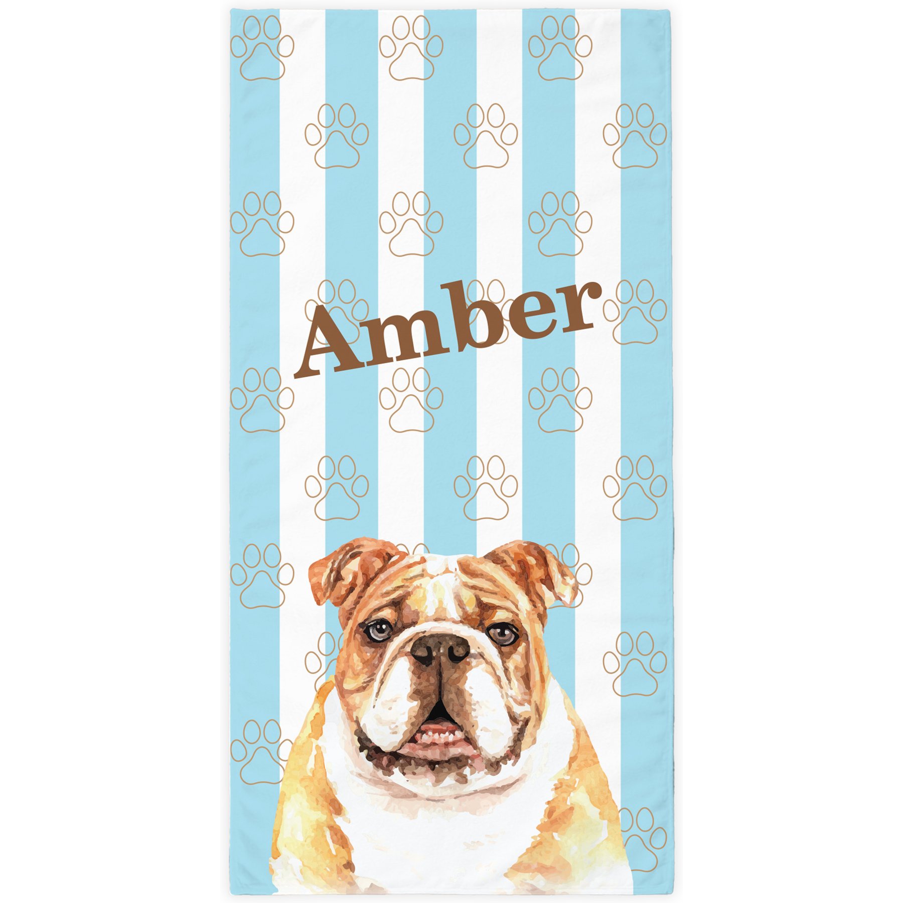 PGS Bulldog Watercolor Dogs with Brown Paw Outlines on Stripes White Sublimatable Dog Beach Towel, Teal/White/Brown, 30 x 60-in