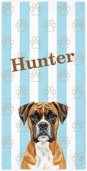 PGS Boxer Watercolor Dogs with Brown Paw Outlines on Stripes White Sublimatable Dog Beach Towel, Teal/White/Brown, 30 x 60-in