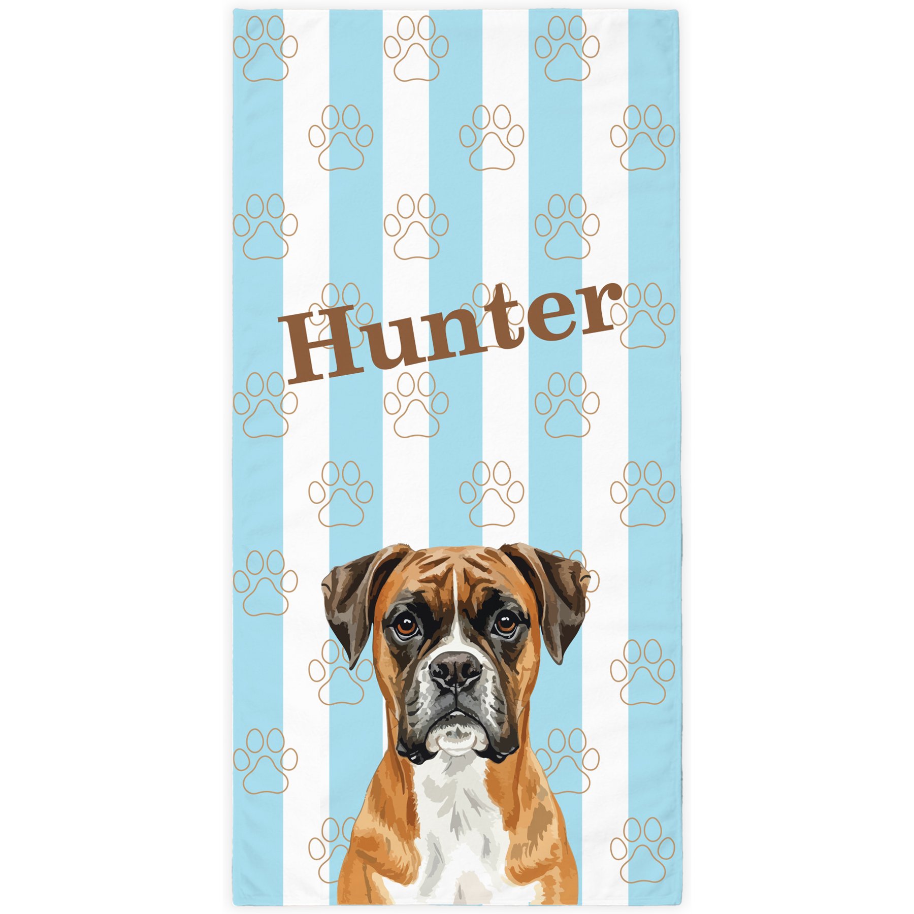 PGS Boxer Watercolor Dogs with Brown Paw Outlines on Stripes White Sublimatable Dog Beach Towel, Teal/White/Brown, 30 x 60-in