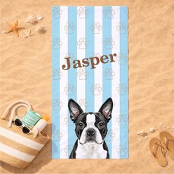PGS Boston Terrier Watercolor Dogs with Brown Paw Outlines on Stripes White Sublimatable Dog Beach Towel, Teal/White/Brown, 30 x 60-in slide 2 of 3
