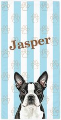 PGS Boston Terrier Watercolor Dogs with Brown Paw Outlines on Stripes White Sublimatable Dog Beach Towel, Teal/White/Brown, 30 x 60-in