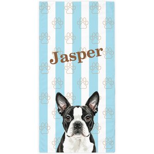 PGS Boston Terrier Watercolor Dogs with Brown Paw Outlines on Stripes White Sublimatable Dog Beach Towel, Teal/White/Brown, 30 x 60-in