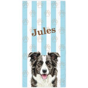PGS Border Collie Watercolor Dogs with Brown Paw Outlines on Stripes White Sublimatable Dog Beach Towel, Teal/White/Brown, 30 x 60-in
