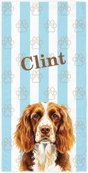 PGS Brown Springer Spaniel Watercolor Dogs with Brown Paw Outlines on Stripes White Sublimatable Dog Beach Towel, Teal/White/Brown, 30 x 60-in