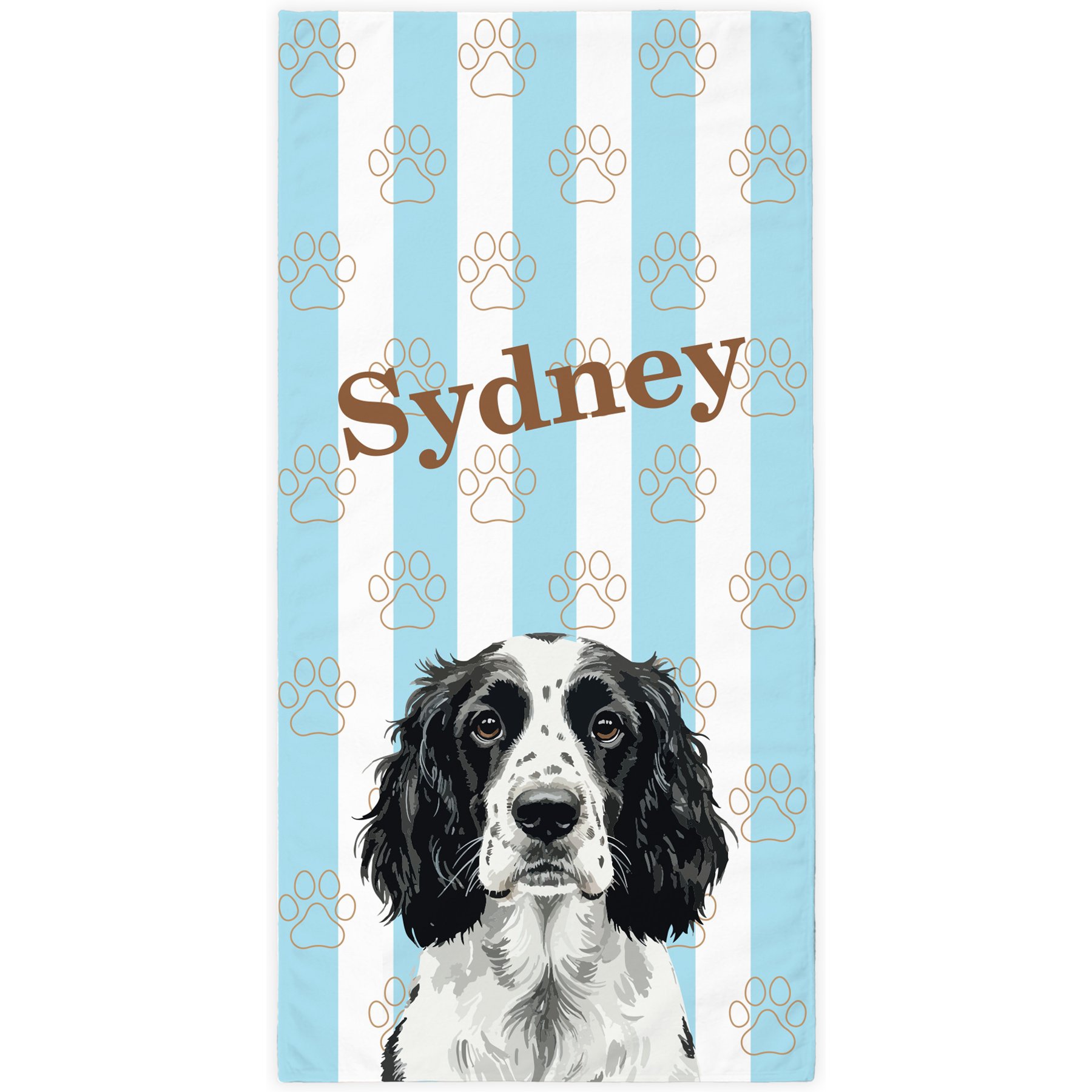 PGS Black Springer Spaniel Watercolor Dogs with Brown Paw Outlines on Stripes White Sublimatable Dog Beach Towel, Teal/White/Brown, 30 x 60-in
