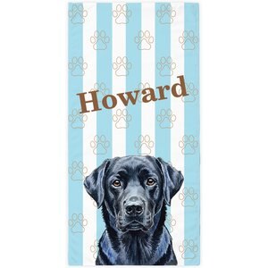 PGS Black Labrador Watercolor Dogs with Brown Paw Outlines on Stripes White Sublimatable Dog Beach Towel, Teal/White/Brown, 30 x 60-in