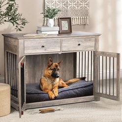 LEMBERI Decorative Wooden Furniture End Table Indoor Hard Sided Dog Crate with Storage Drawers, 44.5 x 23.6 x 34.5-in, Grey
