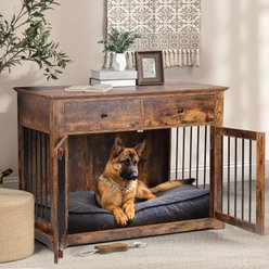 LEMBERI Decorative Wooden Furniture End Table Indoor Hard Sided Dog Crate with Storage Drawers, 44.5 x 23.6 x 34.5-in, Brown