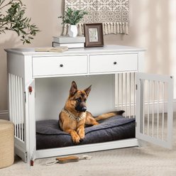 LEMBERI Decorative Wooden Furniture End Table Indoor Hard Sided Dog Crate with Storage Drawers, 44.5 x 23.6 x 34.5-in, White