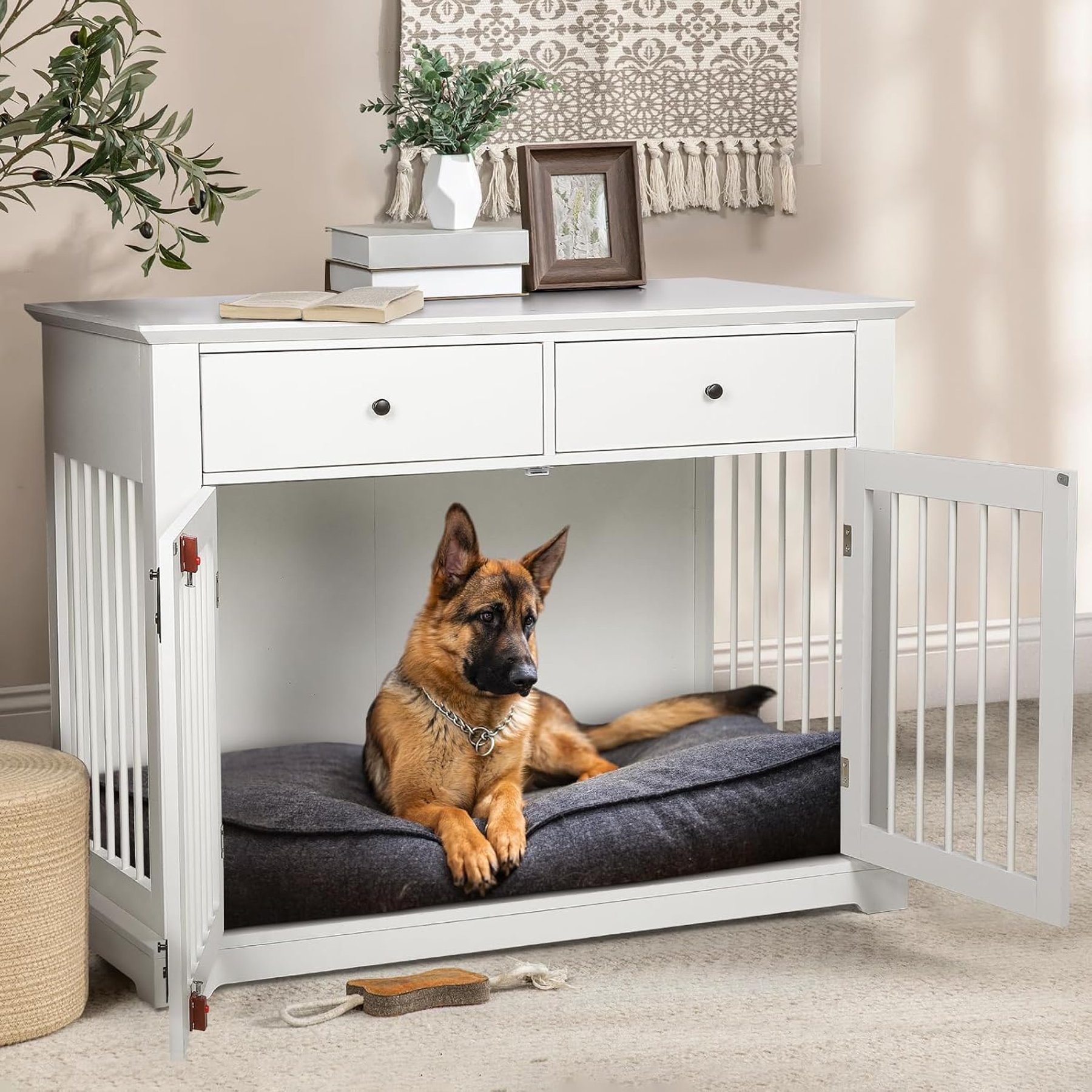 LEMBERI Decorative Wooden Furniture End Table Indoor Hard Sided Dog Crate with Storage Drawers, 44.5 x 23.6 x 34.5-in, White