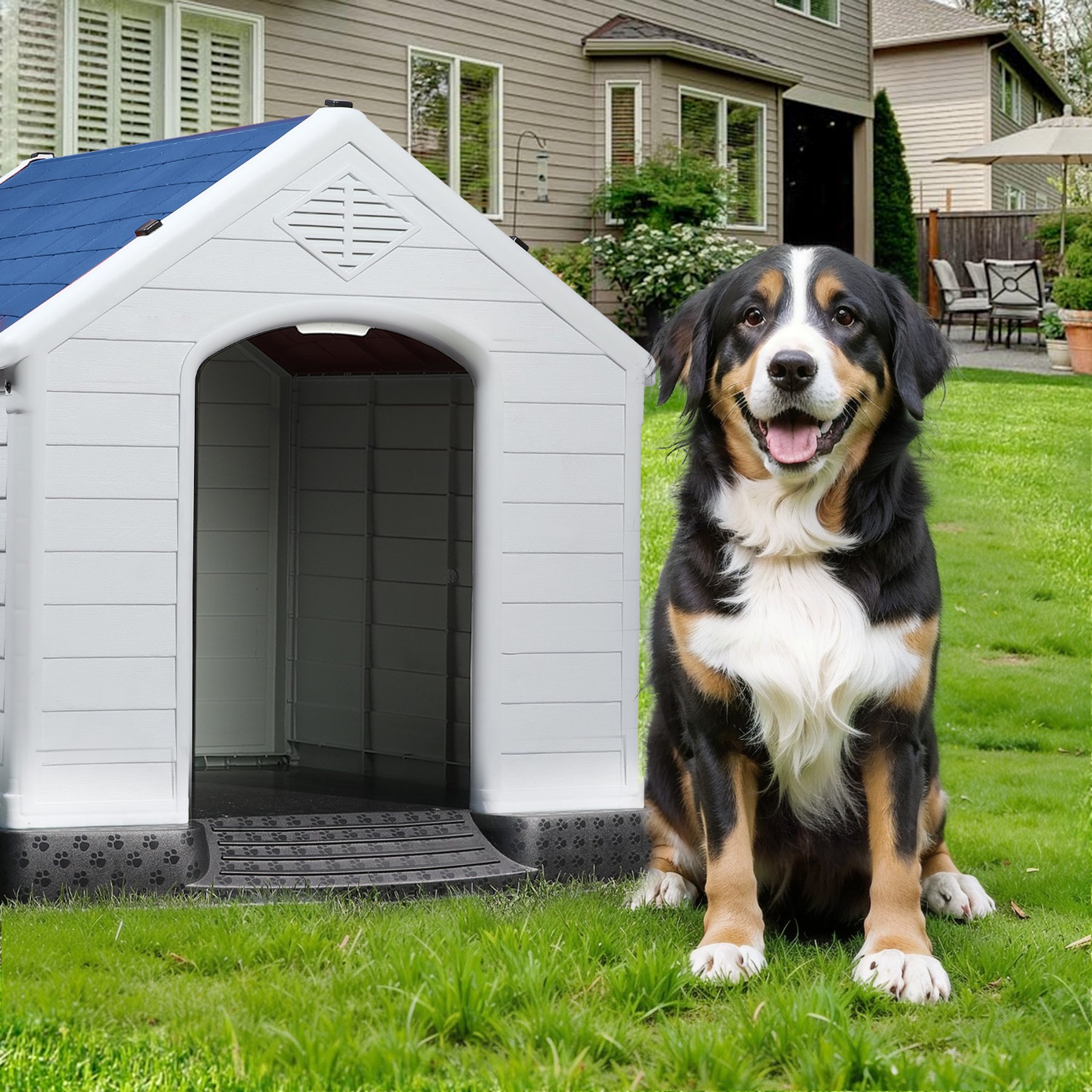 LEMBERI Durable Waterproof Plastic Insulated Dog House, Blue, 42 x 38 x 39-in