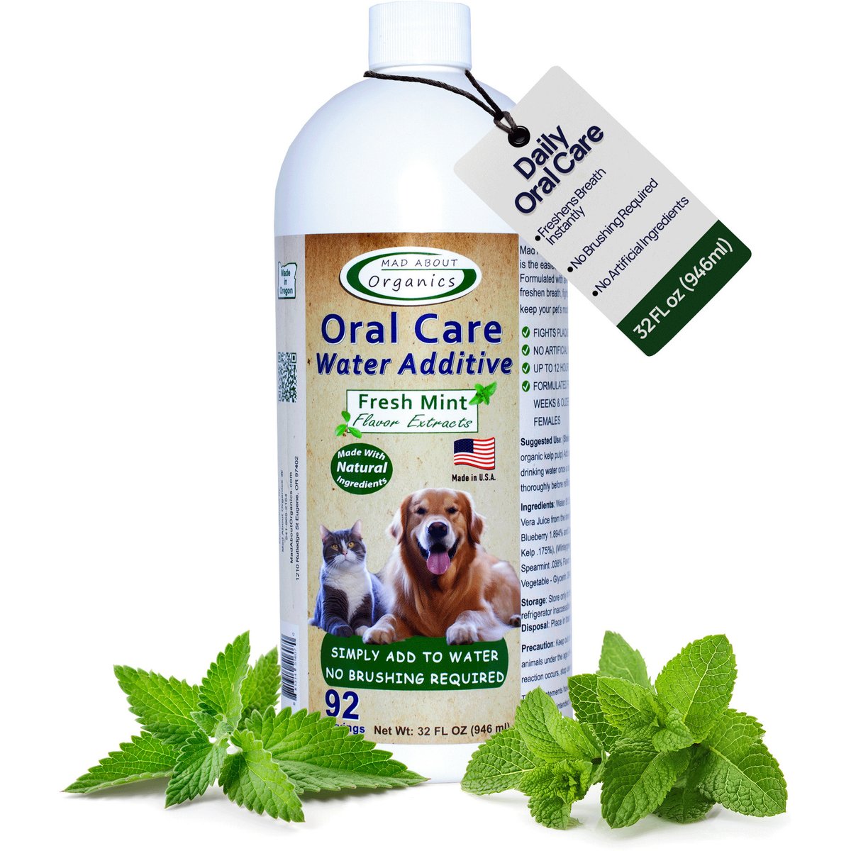Mad About Organics Oral Care Fresh Mint Dog Dental Water Additive, 32-fl oz, 92 servings