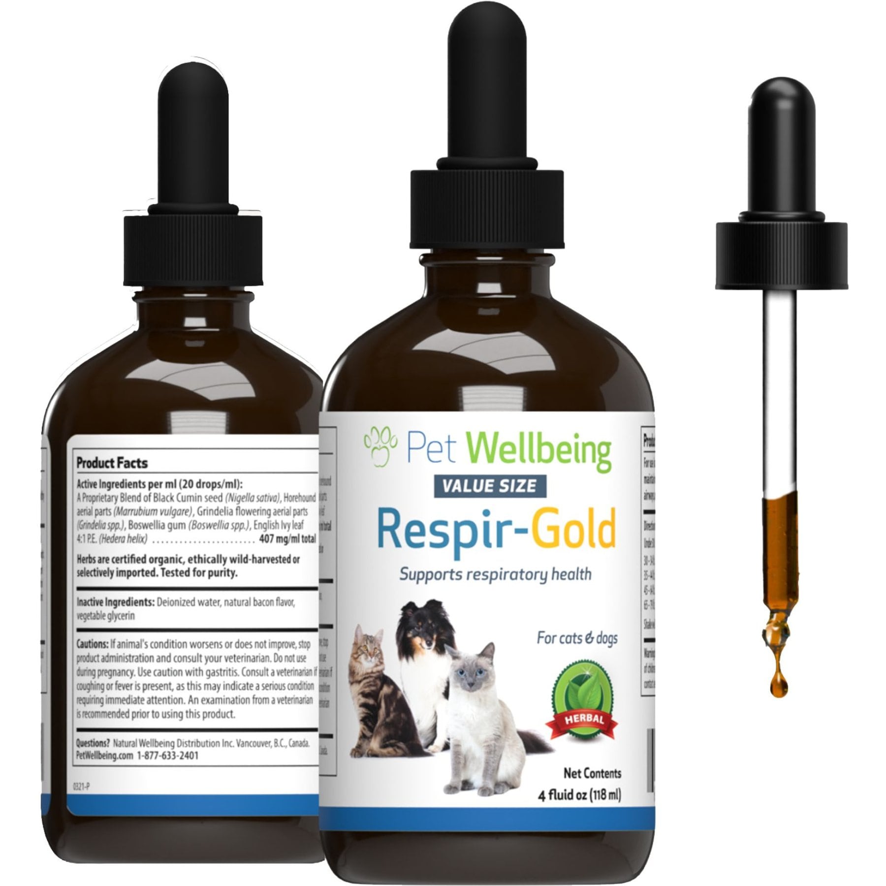 Pet Wellbeing Respir-Gold Support Healthy Lower Respiratory Care Bacon Flavored Liquid Tract Supplement for Cats, 4-oz