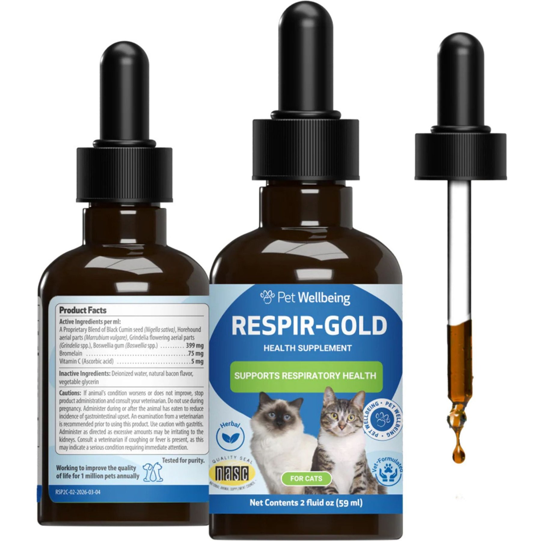 Pet Wellbeing Respir-Gold Support Healthy Lower Respiratory Care Bacon Flavored Liquid Tract Supplement for Cats, 2-oz