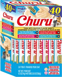 Inaba Churu Grain-Free Squeezable Creamy Puree Tuna with Seafood Flavor Variety Lickable Cat Treat, 0.5-oz tube, 40 count