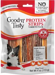 Good 'n' Tasty High-Protein Variety Pack Strips Real Chicken, Duck & Sirloin Soft & Chewy Dog Treats, 4-oz bag