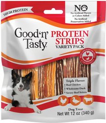 Good 'n' Tasty High-Protein Variety Pack Strips Real Chicken, Duck & Sirloin Soft & Chewy Dog Treats, 12-oz bag