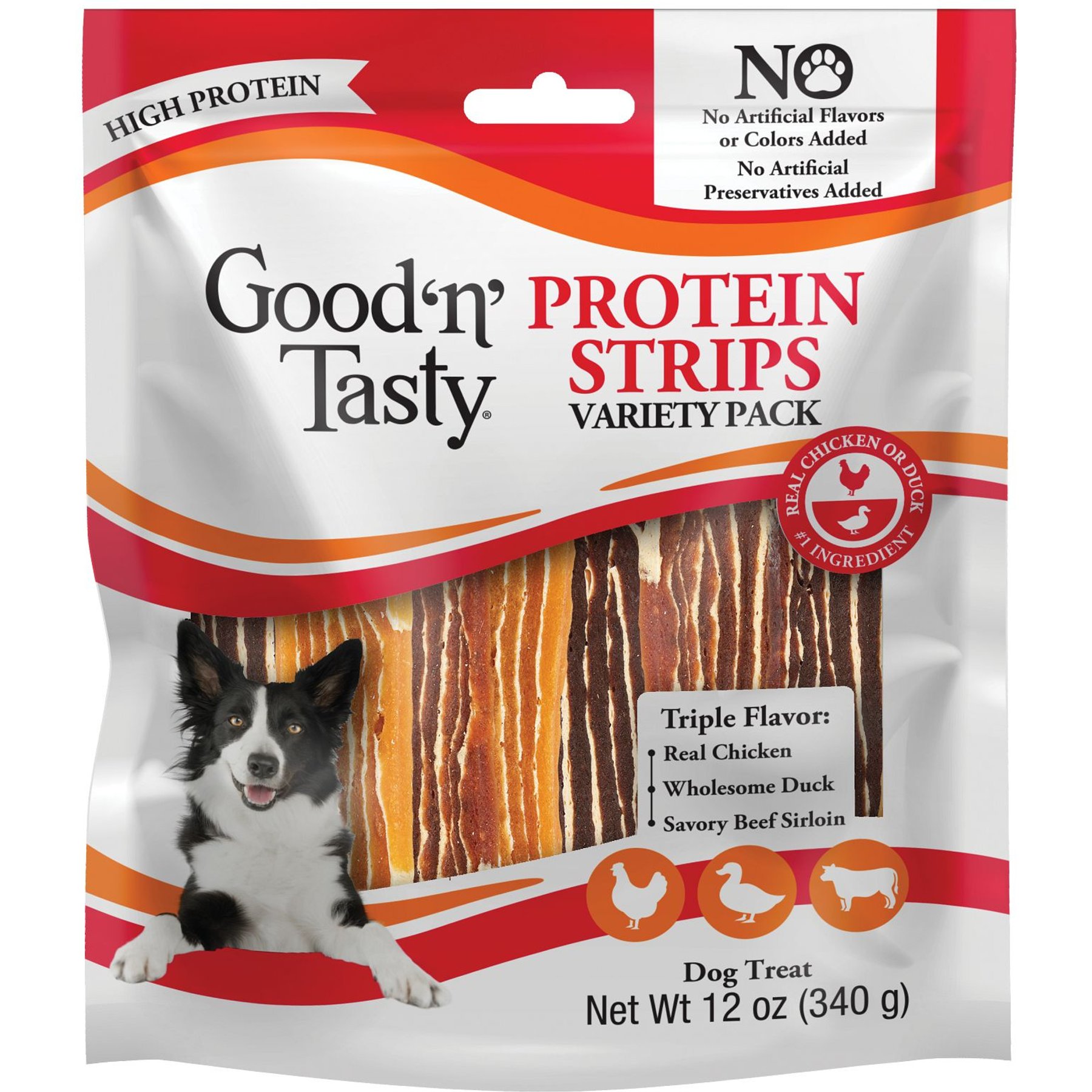 Good 'n' Tasty High-Protein Variety Pack Strips Real Chicken, Duck & Sirloin Soft & Chewy Dog Treats, 12-oz bag