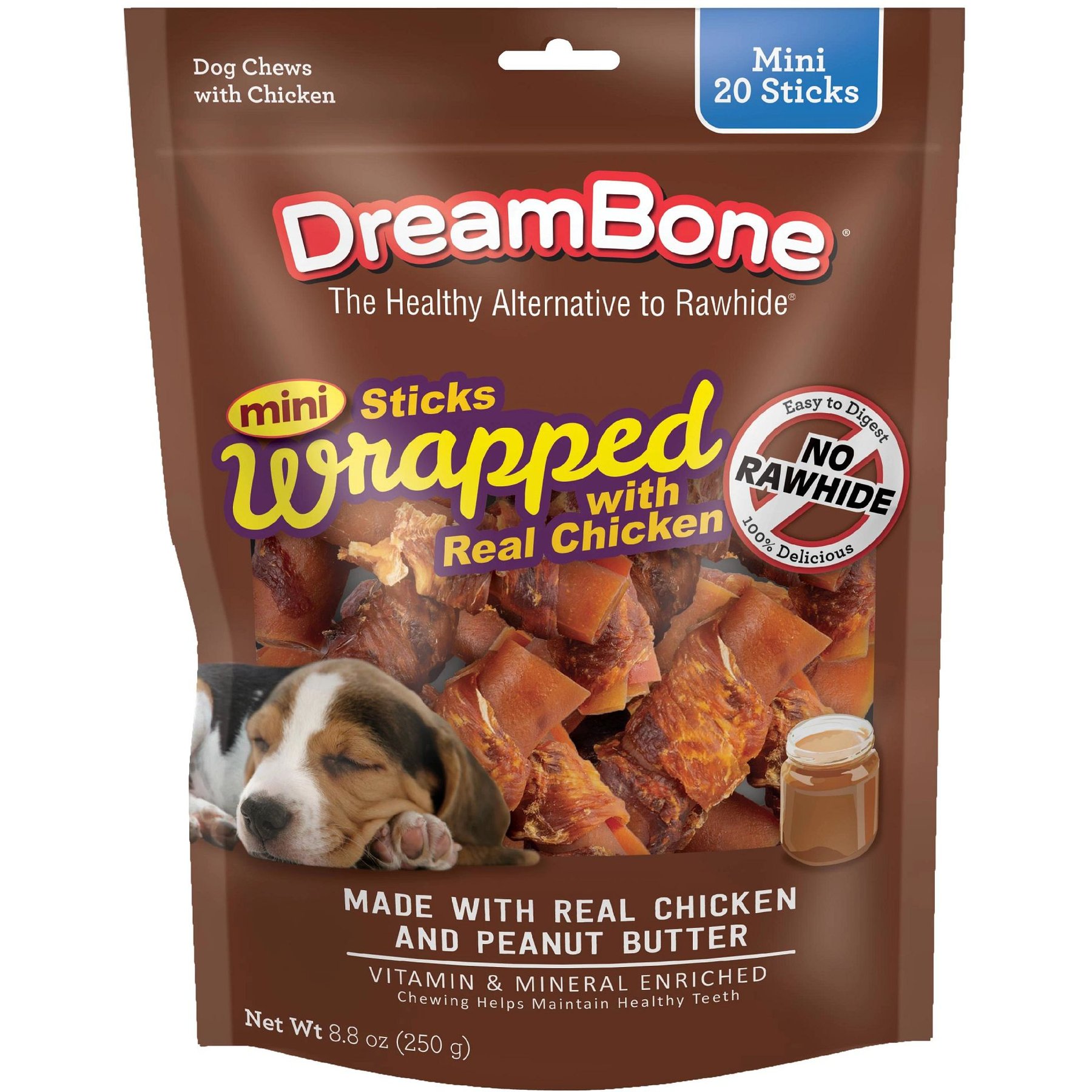 DreamBone Mini Sticks Wrapped with Real Chicken & Peanut Butter Rawhide Free Dog Chew Treats, 20 count