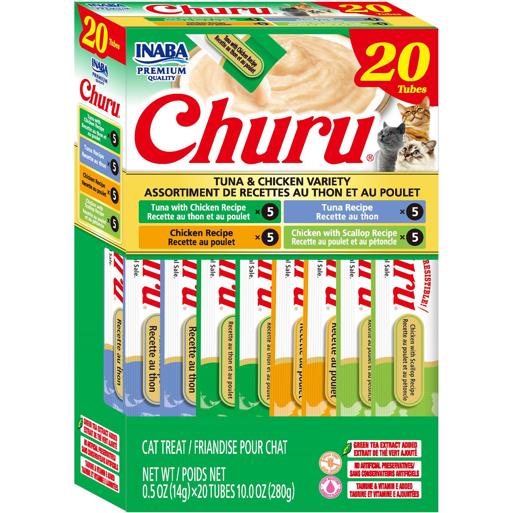 Inaba Churu Grain-Free Squeezable Creamy Puree Tuna & Chicken Variety Lickable Cat Treat, 0.5-oz tube, 20 count