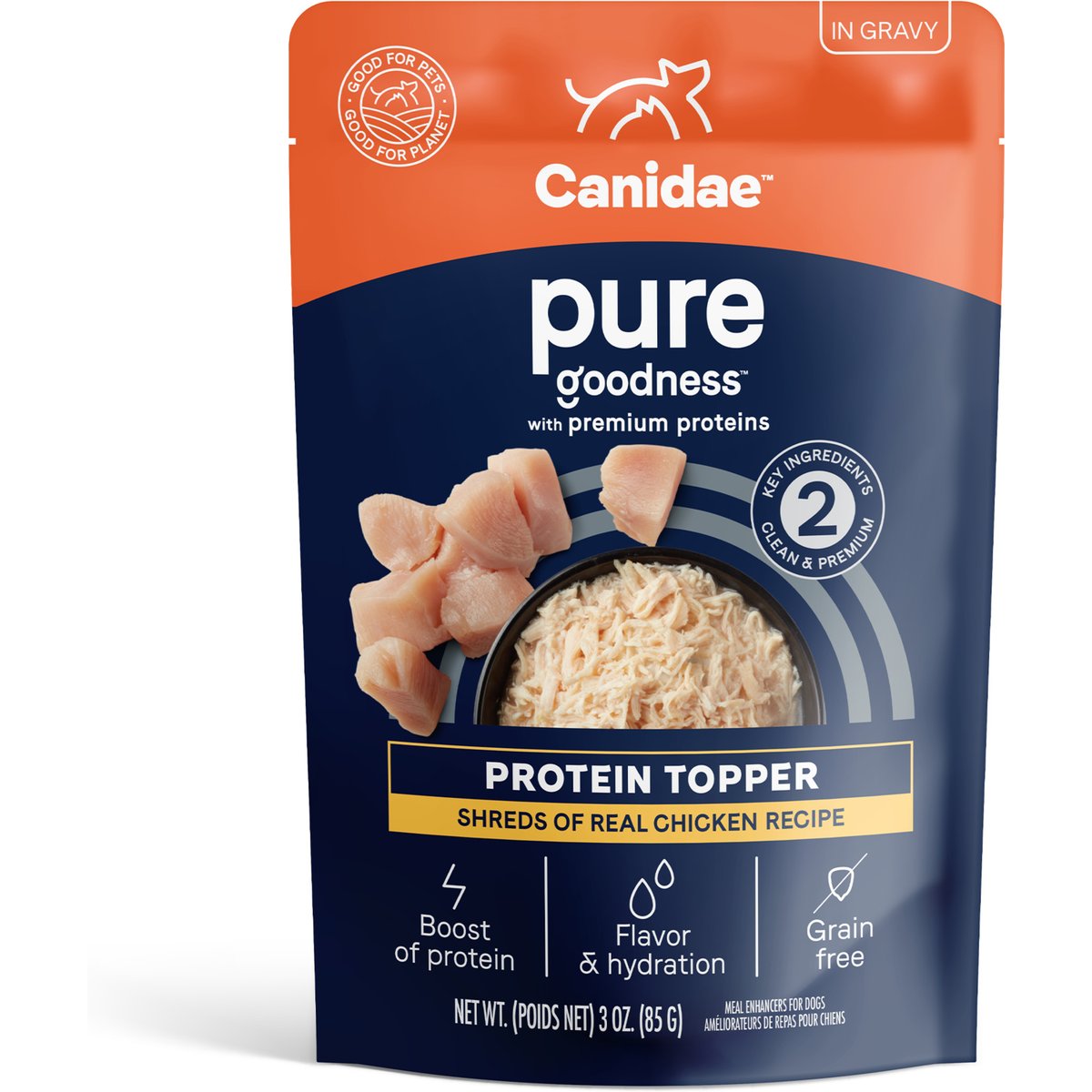 CANIDAE Pure High Protein Topper Shreds of Real Chicken in Gravy Recipe Wet Dog Food, 3-oz pouch, case of 12