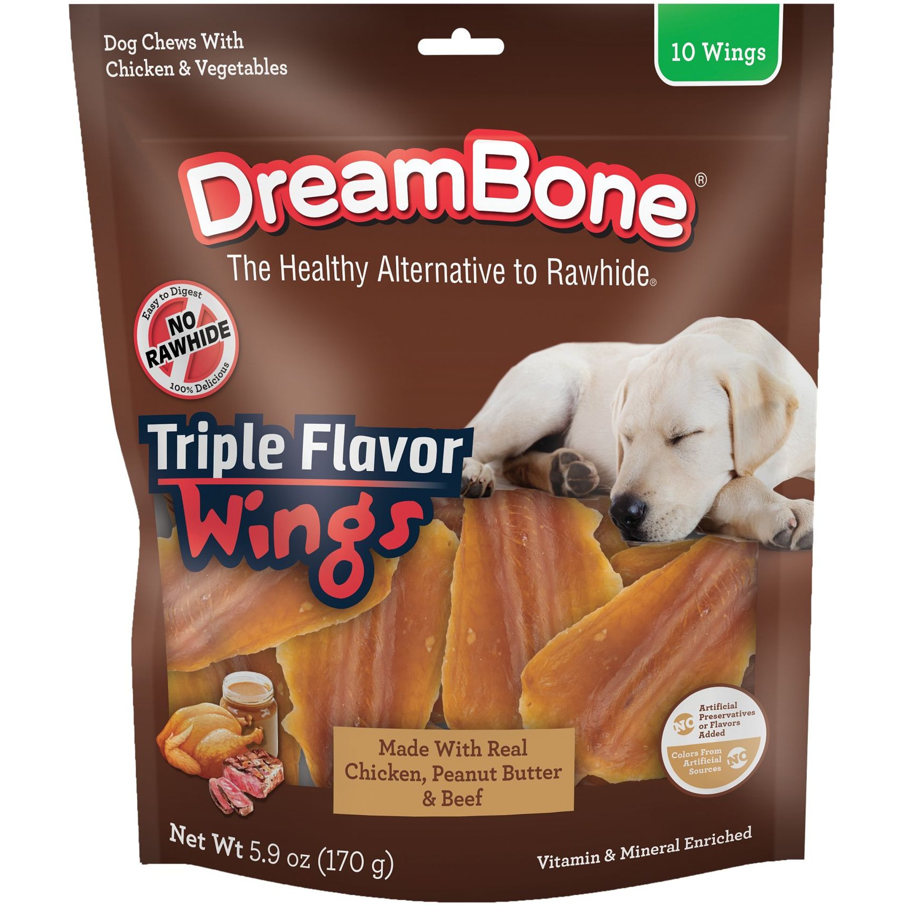 DreamBone Triple Flavor Wings Real Chicken, Peanut Butter & Beef Dog Hard Chew Treats, 10 count