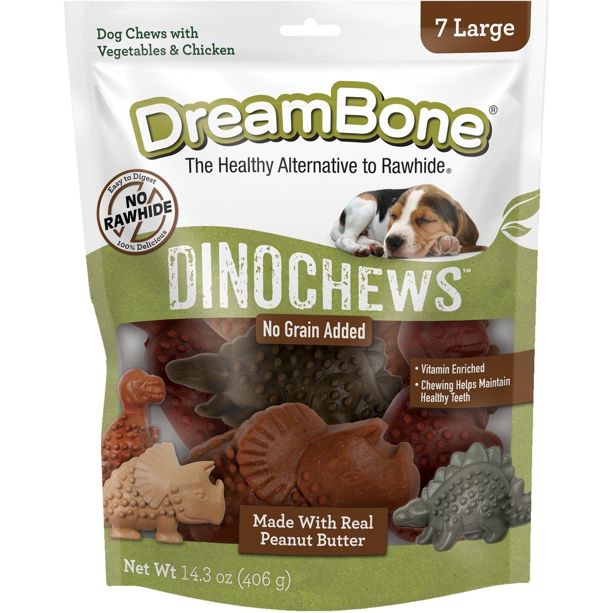 DreamBone Dino Real Peanut Butter Rawhide Free Dog Hard Chew Treats, Large, 7 count