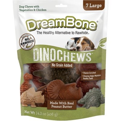 DreamBone DreamBone Dino Real Peanut Butter Rawhide Free Dog Hard Chew Treats, Large, 7 count