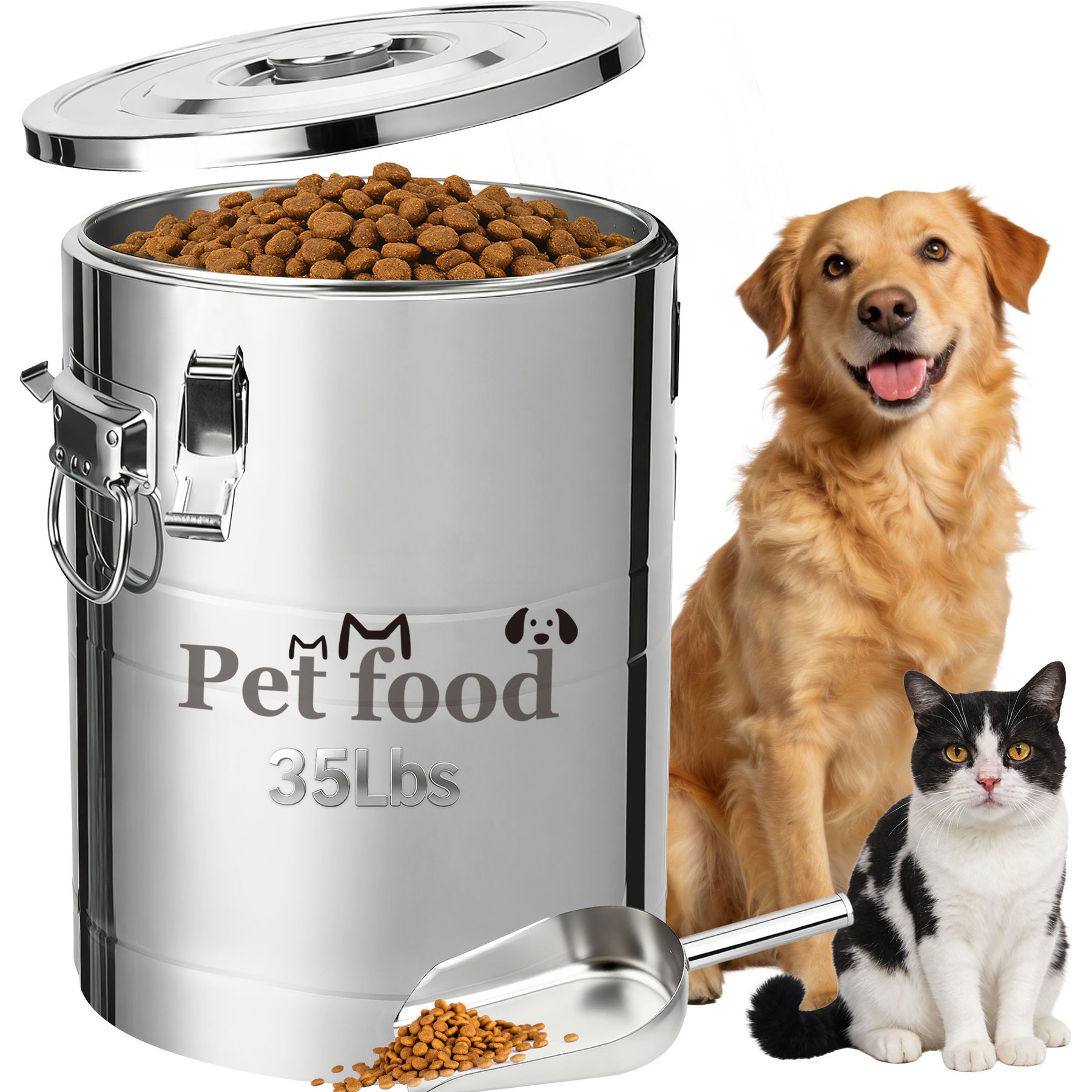 Newget Airtight Metal Container Food Bin with Scoop & Lid Stainless-Steel Dog & Cat Storage, Medium: 35-lbs