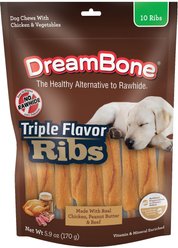 DreamBone Triple Flavor Ribs Real Chicken, Peanut Butter & Beef Rawhide Free Dog Hard Chew Treats, 10 count
