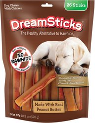 DreamBone DreamSticks Real Peanut Butter Rawhide Free Dog Hard Chew Treats, 26 count
