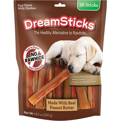 DreamBone DreamBone DreamSticks Real Peanut Butter Rawhide Free Dog Hard Chew Treats, 26 count