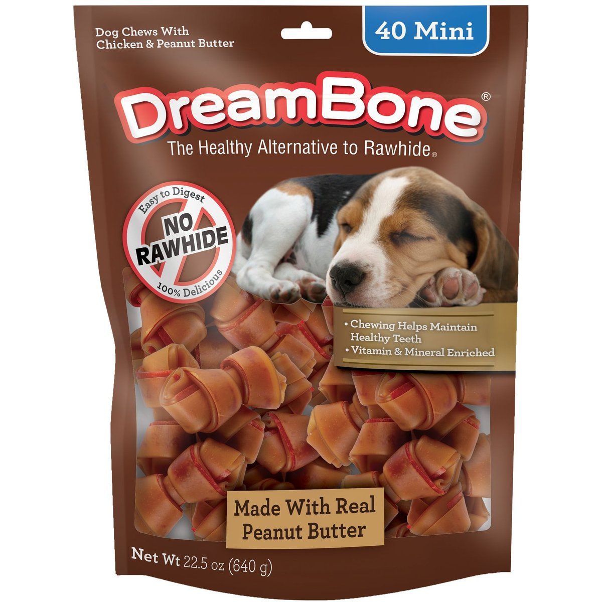 DreamBone Mini Real Peanut Butter Rawhide Free Dog Chew Bones, 40 count