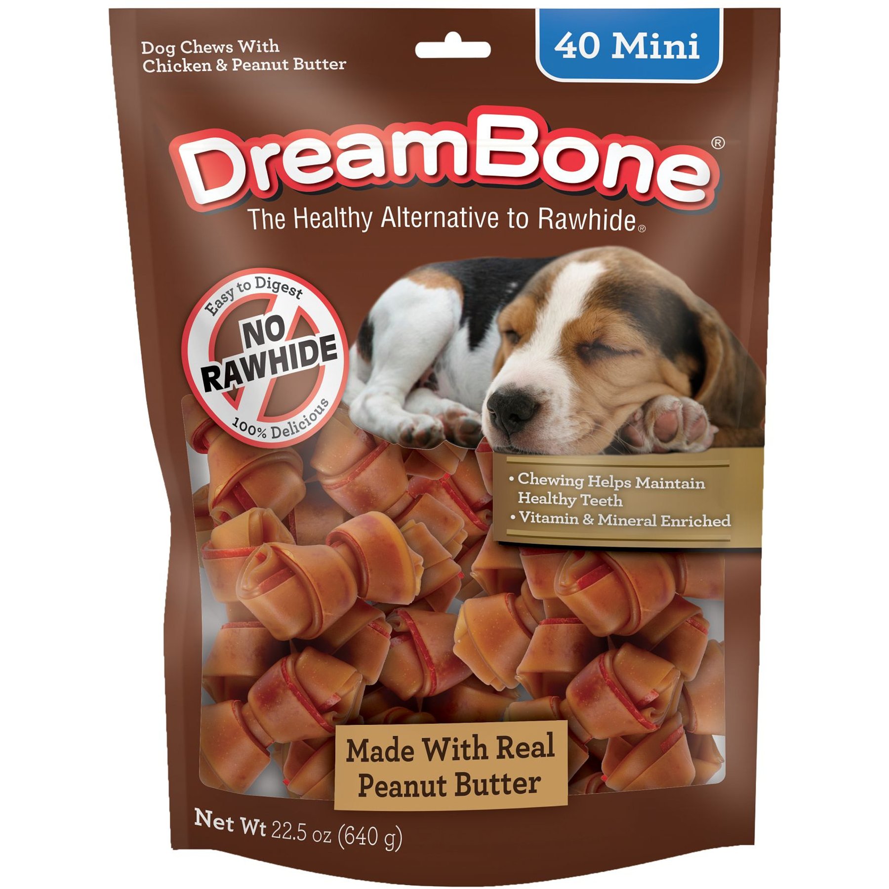 DreamBone Mini Real Peanut Butter Rawhide Free Dog Chew Bones, 40 count