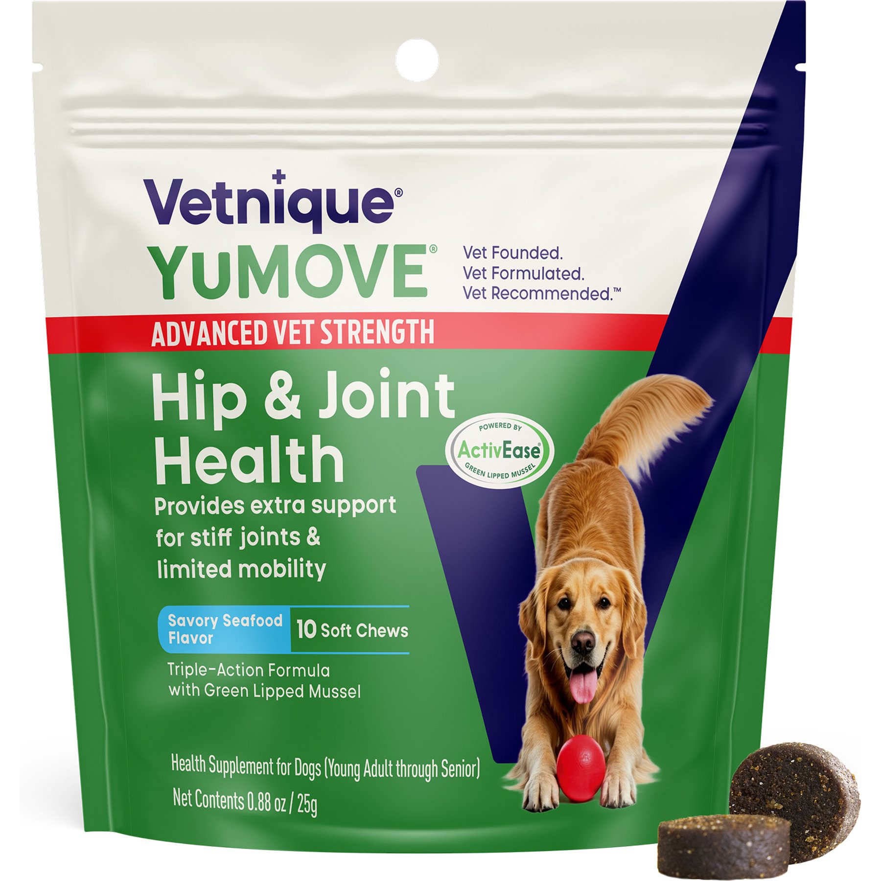 Vetnique Labs YuMOVE Advanced Vet Strength Hip, Joint & Mobility Health Savory Seafood Flavor Soft Chews Supplement for Young Adult through Senior Dogs, 10 count