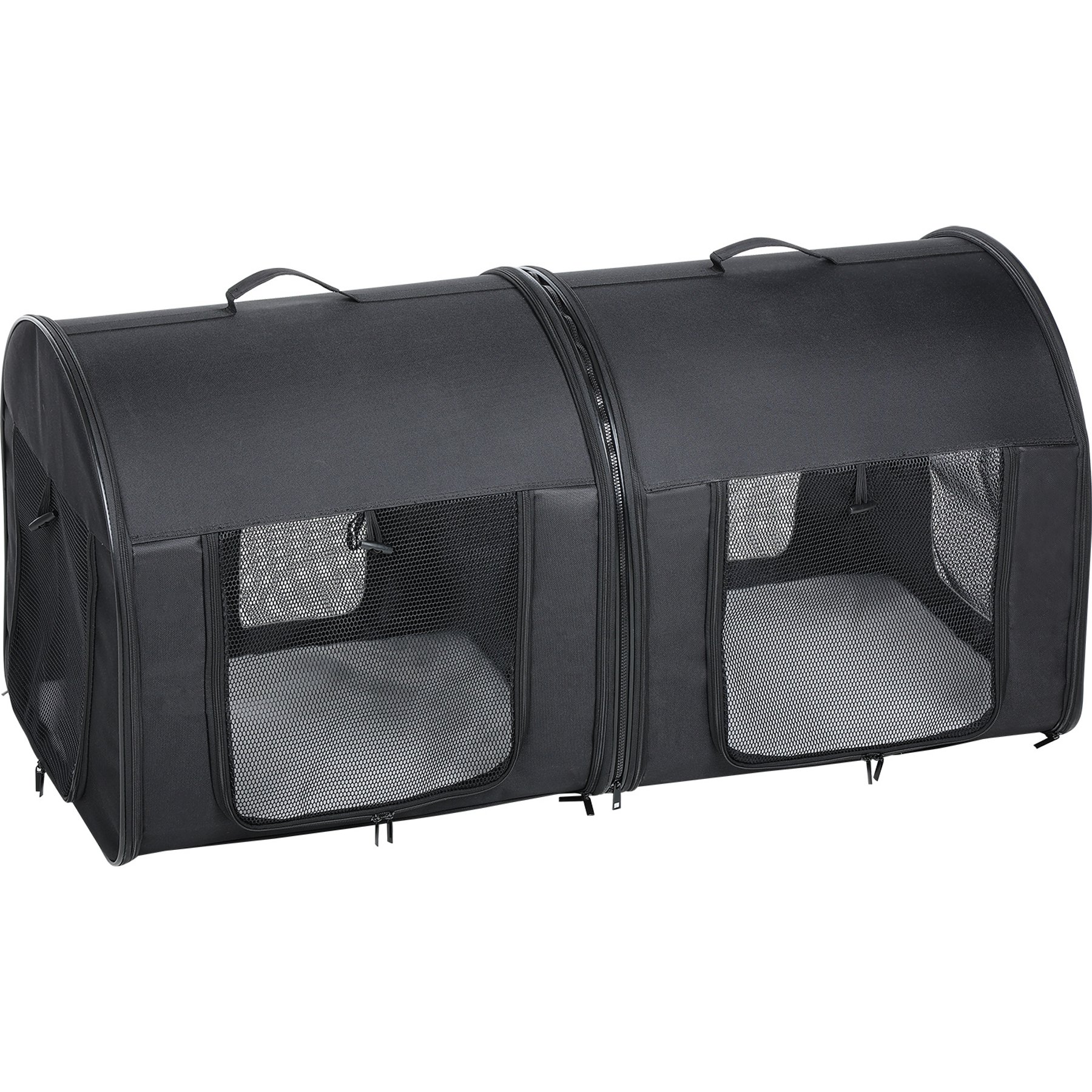 SMONTER 2-in-1 Portable & Double Split Travel Soft Sided Dog & Cat Carrier Crate Set with Carry Bag & Mat, Black