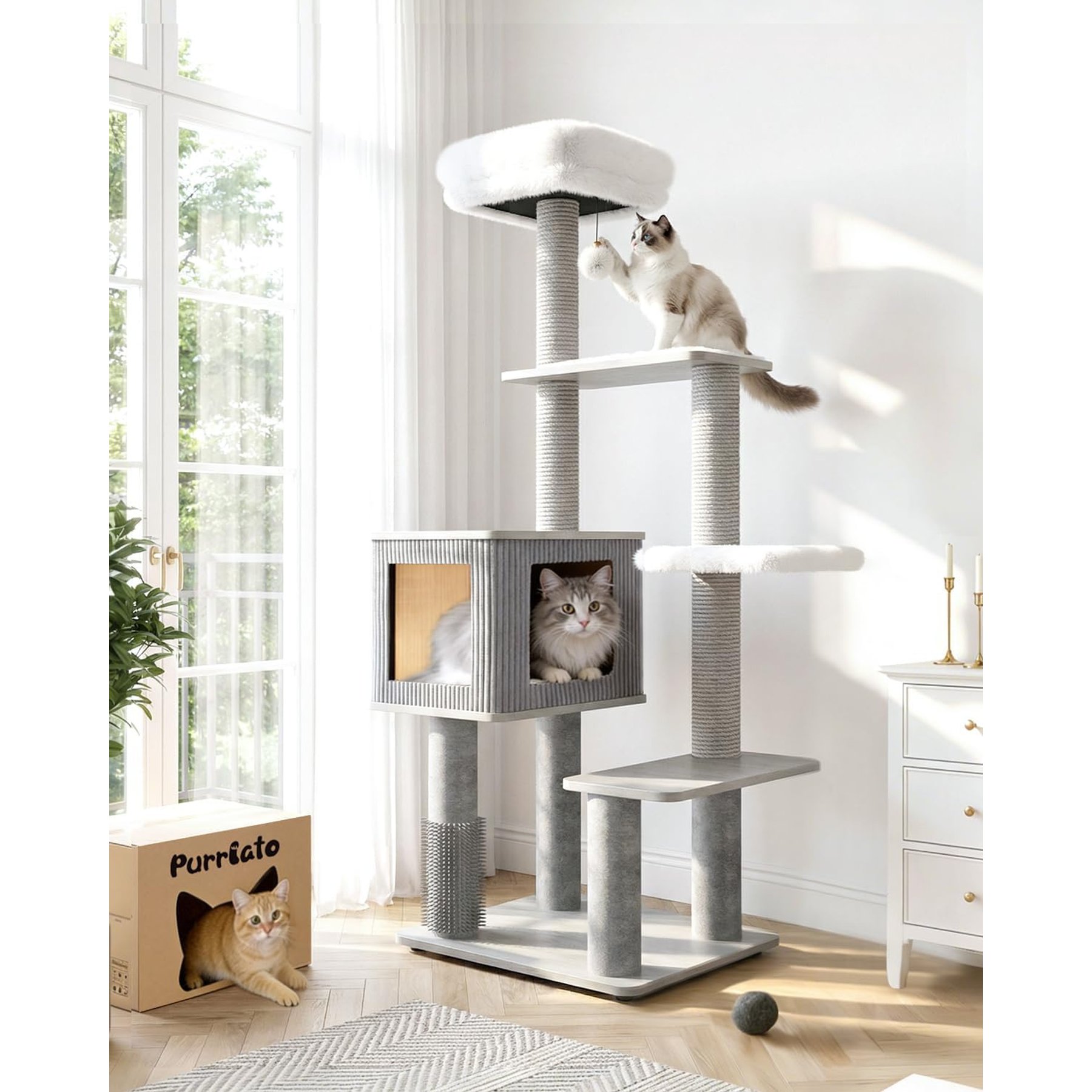 Purrlato Maine Coon 60-in Fleece Covered Cat Tree, Light Grey