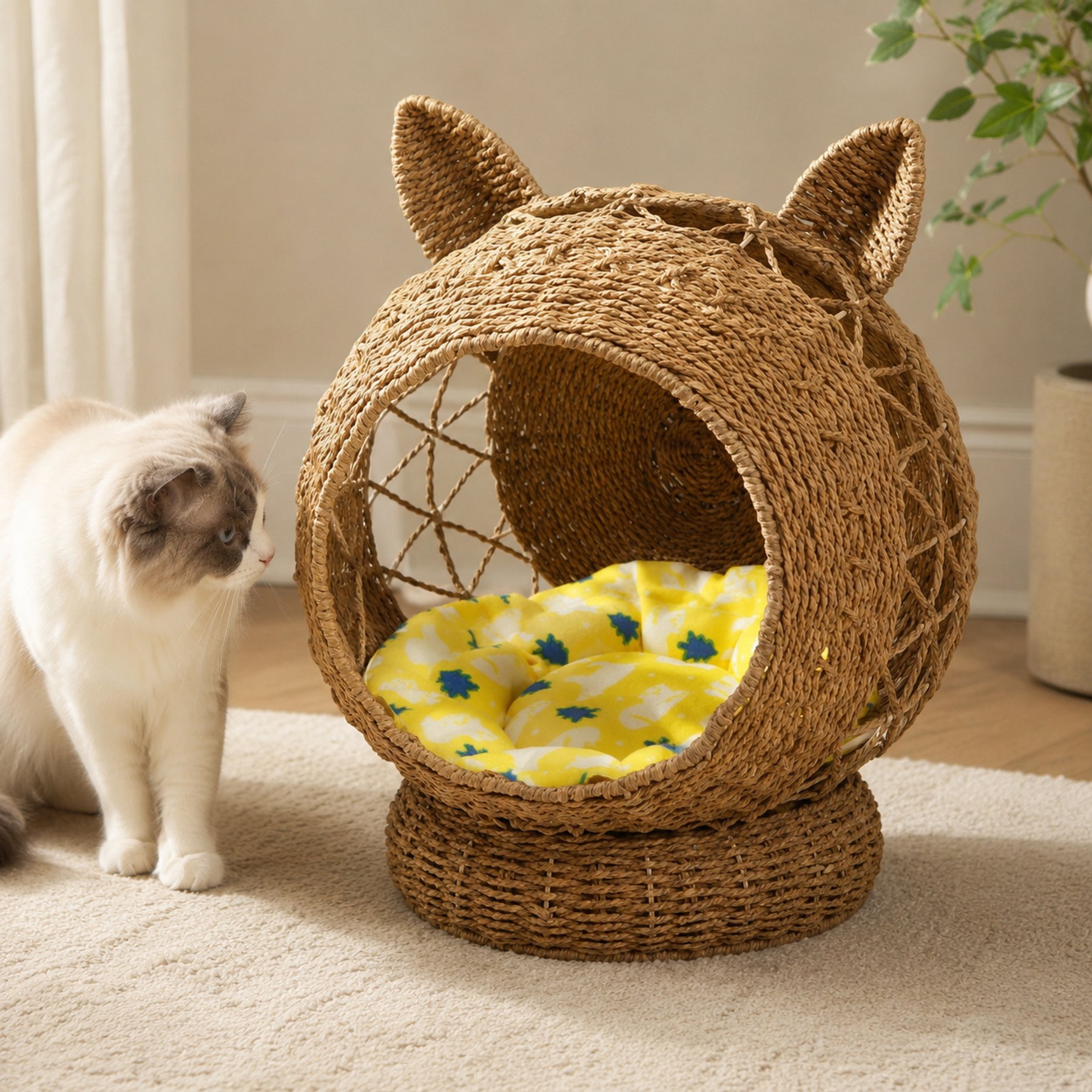 NonoPets Heavy-Duty Natural Jute Rope Dome Nest Condo with Plush Cushion Premium Elevated Woven Cave Chew Resistant Bolster Cat Bed, 17.3 x 15.7 x 20.3-in