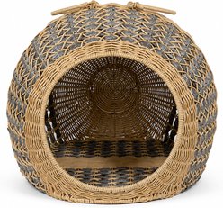 NonoPets Heavy-Duty Enclosed Dome Hideaway Condo Premium Hand-Woven Rattan Cave Chew Resistant Bolster Cat Bed, 19.3 x 19.3 x 15.8-in