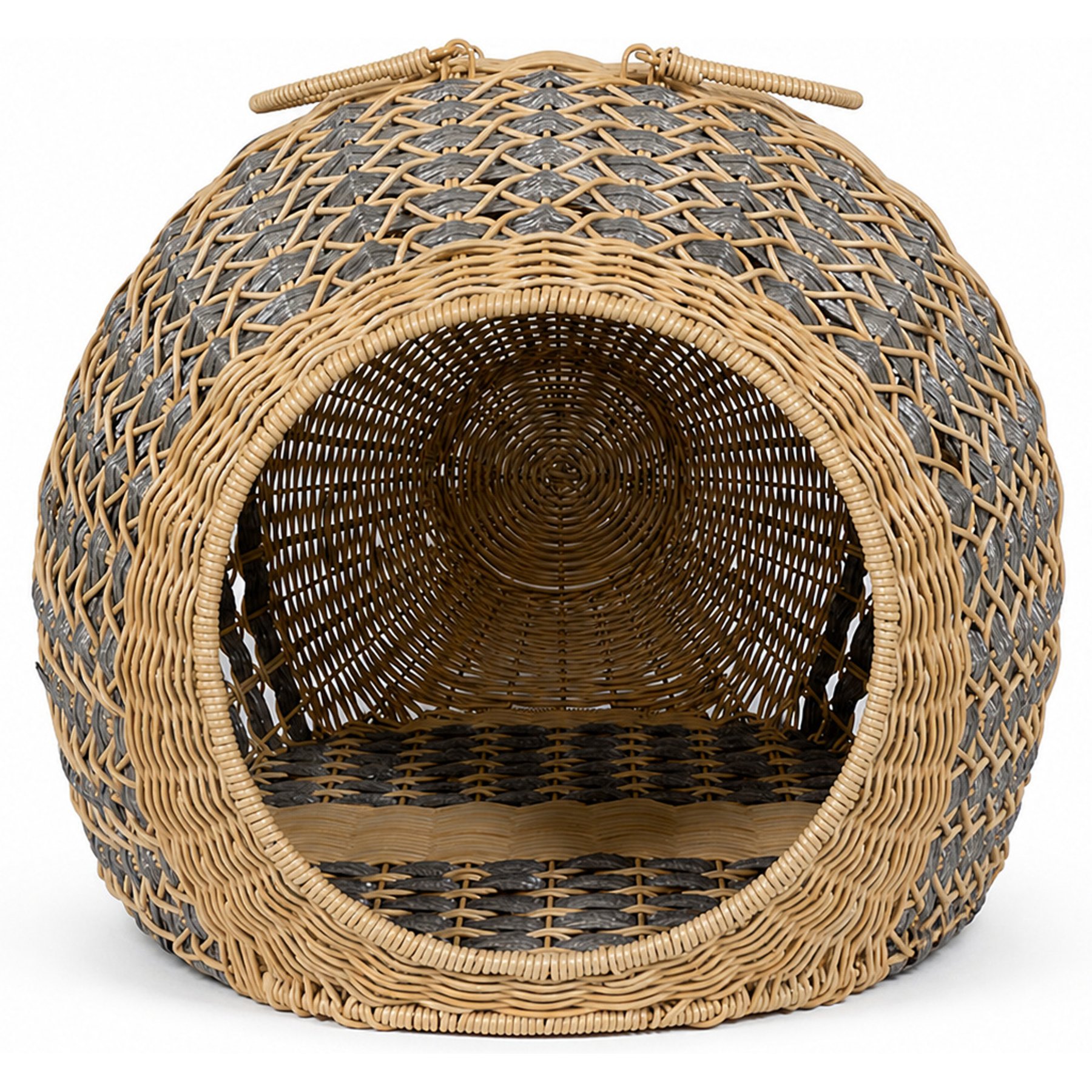 NonoPets Heavy-Duty Enclosed Dome Hideaway Condo Premium Hand-Woven Rattan Cave Chew Resistant Bolster Cat Bed, 19.3 x 19.3 x 15.8-in