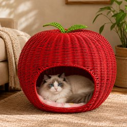 NonoPets EliteFeline Woven Rattan Scratcher Lounge & Interactive Toy Oval Chew Resistant Bolster Cat Bed, 19.7 x 19.7 x 16.9-in, Red