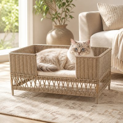 NonoPets NonoPets Heavy-Duty Indoor & Outdoor Raised Breathable Cooling Lounge Premium Woven Rattan Elevated Chew Resistant Bolster Dog & Cat Bed, 27.2 x 18.5 x 13-in