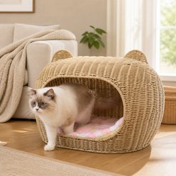 NonoPets Heavy-Duty Enclosed Condo Premium Hand-Woven Rattan Cave Chew Resistant Bolster Cat Bed, 21.7 x 14.2 x 15-in